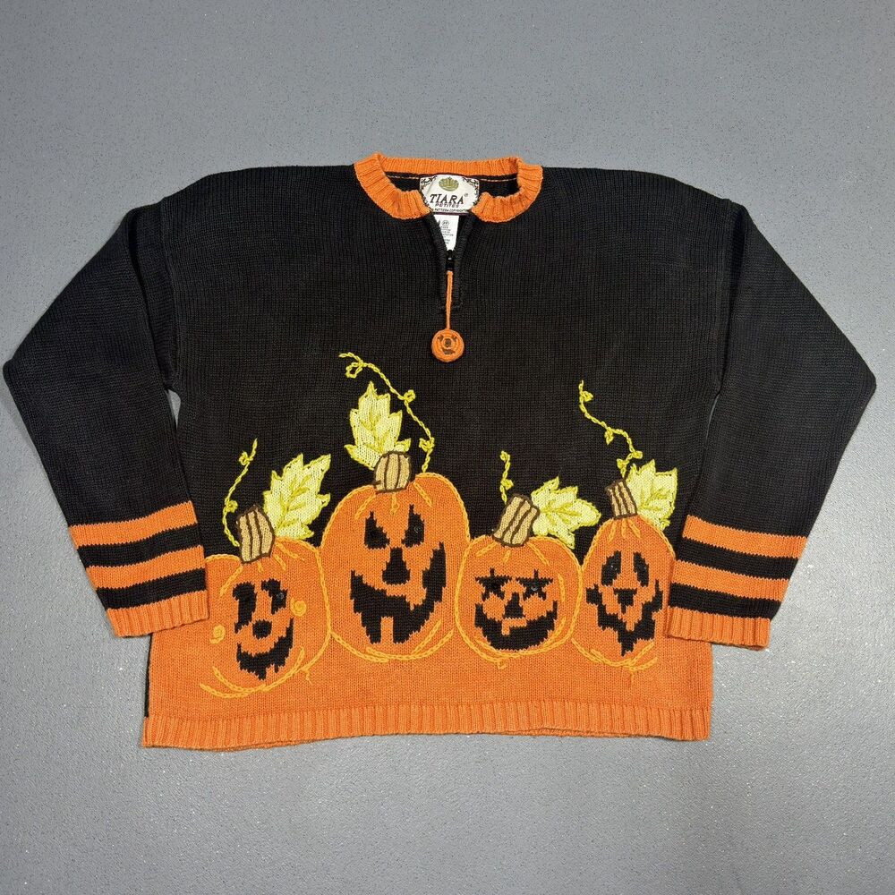 Vintage 2002 Halloween Pumpkin Sweater Womens Petite Jack O Lantern Ugly Knit